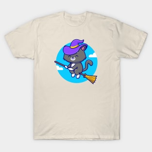 Cute Witch Cat Riding Magic Broom Cartoon T-Shirt